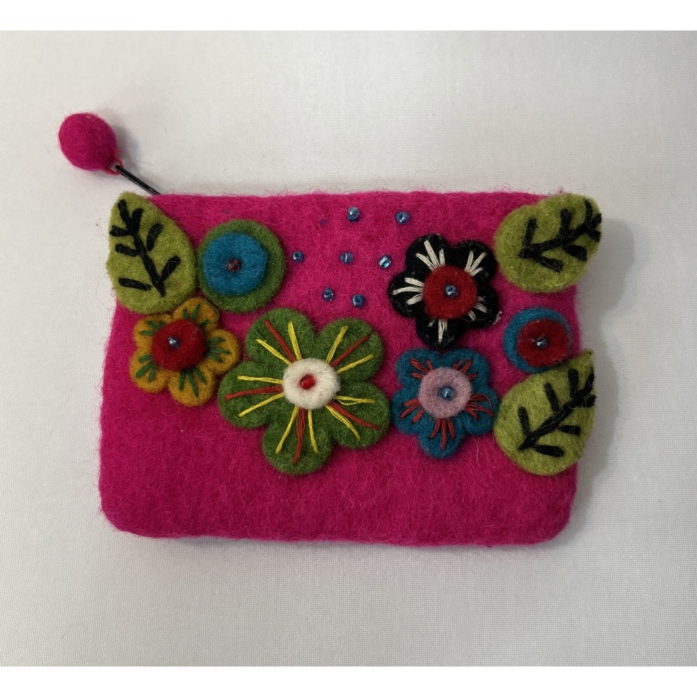 Handmade Wool Floral Coin Purse Pouch Hamro Village Artisan Made In Nepal Pink